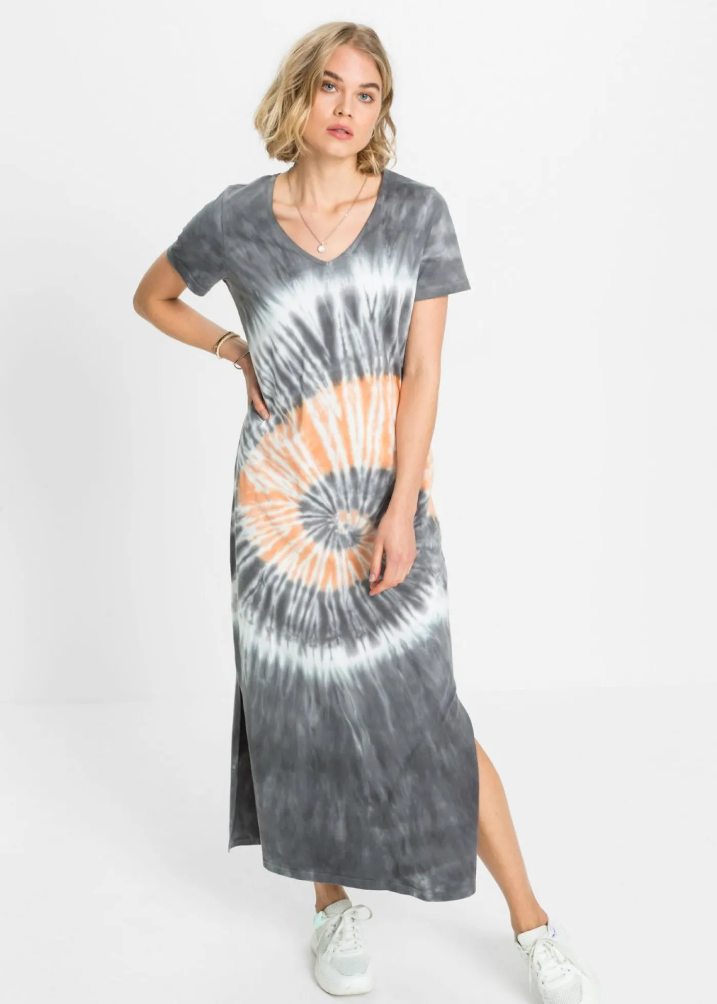 bonprix bonprix Vestido camisero de algodón puro Gris humo-naranja-blanco estampado Outlet
