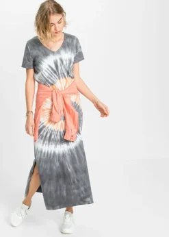 bonprix bonprix Vestido camisero de algodón puro Gris humo-naranja-blanco estampado Outlet