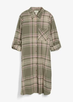 bonprix bonprix Vestido camisero de algodón puro Verde oliva/rosa palo/blanco de cuadros Hot