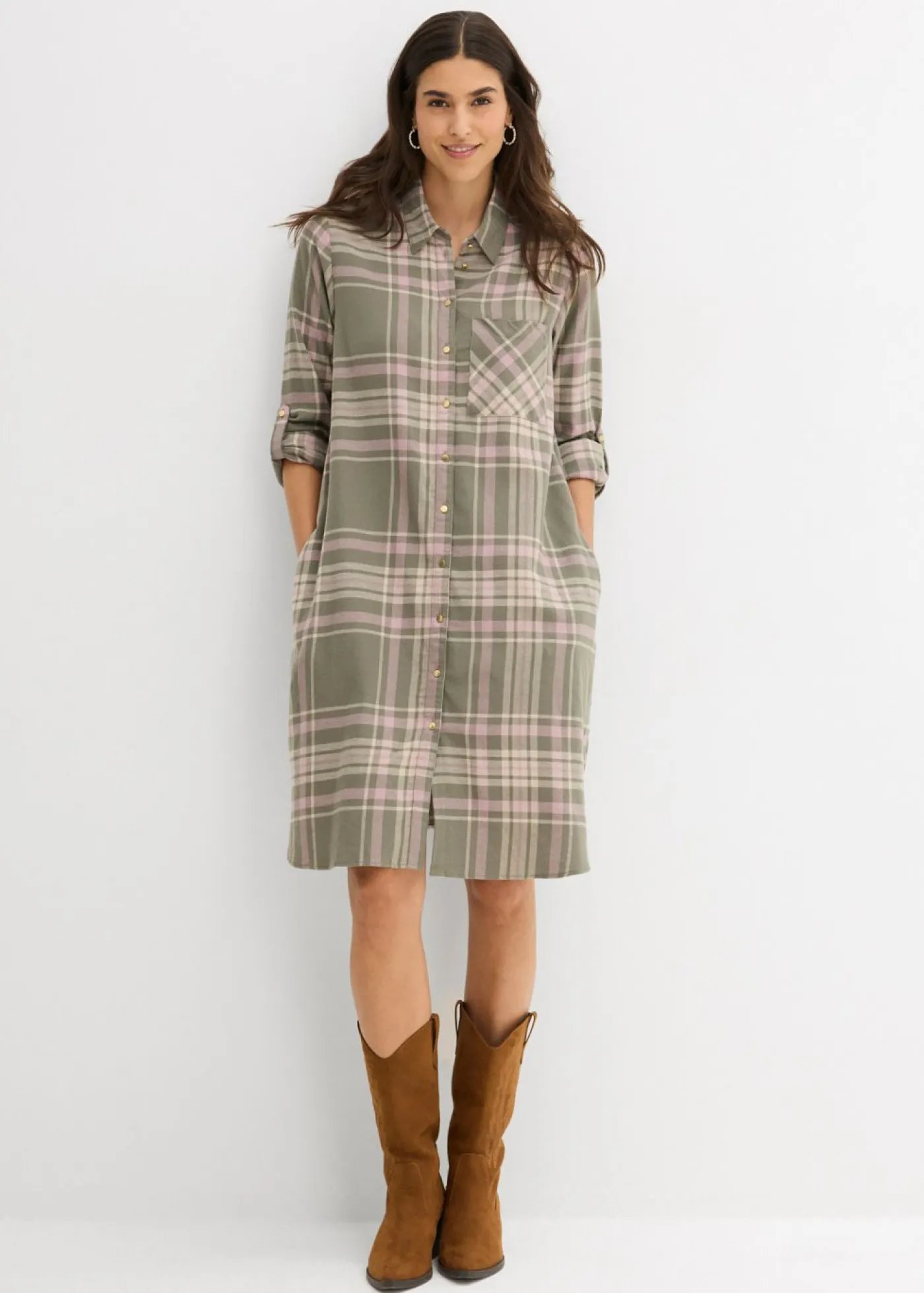 bonprix bonprix Vestido camisero de algodón puro Verde oliva/rosa palo/blanco de cuadros Hot