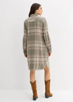 bonprix bonprix Vestido camisero de algodón puro Verde oliva/rosa palo/blanco de cuadros Hot