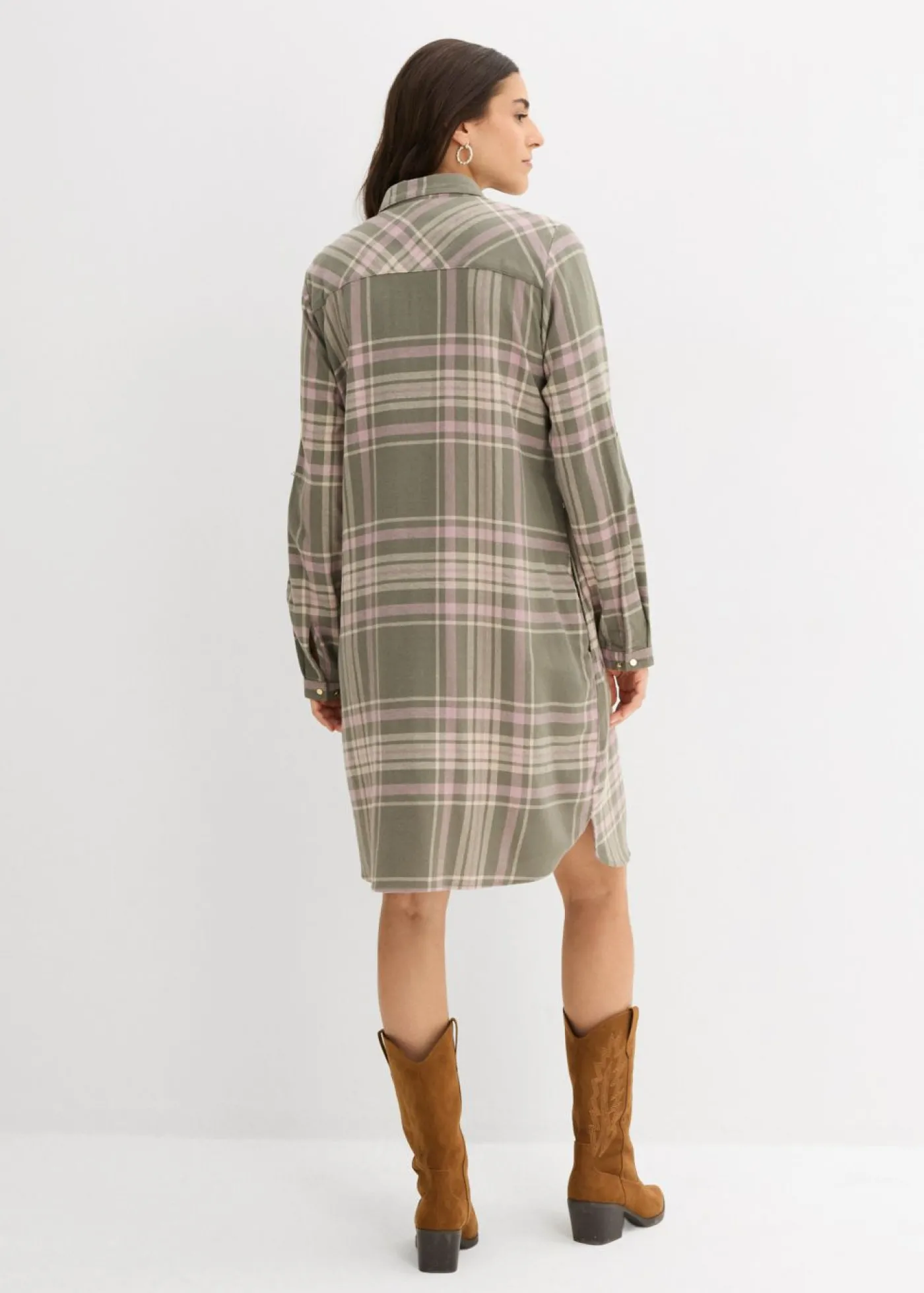 bonprix bonprix Vestido camisero de algodón puro Verde oliva/rosa palo/blanco de cuadros Hot
