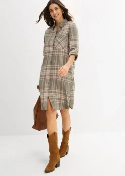bonprix bonprix Vestido camisero de algodón puro Verde oliva/rosa palo/blanco de cuadros Hot