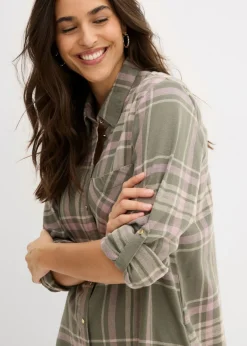 bonprix bonprix Vestido camisero de algodón puro Verde oliva/rosa palo/blanco de cuadros Hot