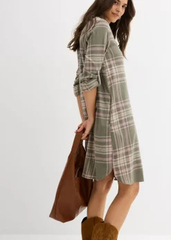 bonprix bonprix Vestido camisero de algodón puro Verde oliva/rosa palo/blanco de cuadros Hot