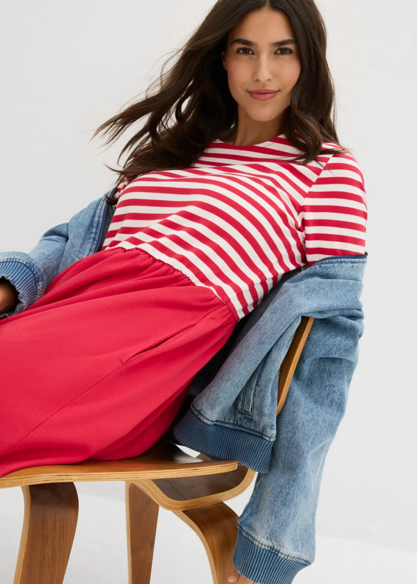 bonprix bonprix Vestido camisero de algodón puro rojo-blanco lana con rayas Sale