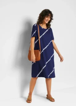 bonprix bonprix Vestido camisero de algodón orgánico hasta la rodilla con bolsillos y línea en A azul medianoche./blanco estampado Clearance