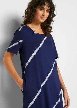 bonprix bonprix Vestido camisero de algodón orgánico hasta la rodilla con bolsillos y línea en A azul medianoche./blanco estampado Clearance