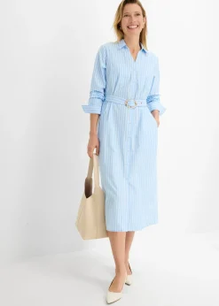 bonprix bonprix Vestido camisero de algodón puro azul claro/blanco con rayas Discount