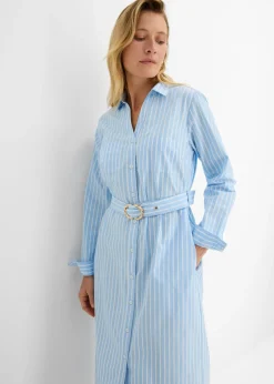 bonprix bonprix Vestido camisero de algodón puro azul claro/blanco con rayas Discount