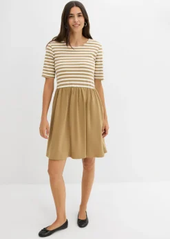 bonprix bonprix Vestido camisero de algodón puro oliva pálido-blanco lana con rayas Outlet