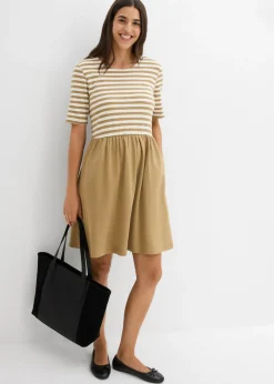 bonprix bonprix Vestido camisero de algodón puro oliva pálido-blanco lana con rayas Outlet