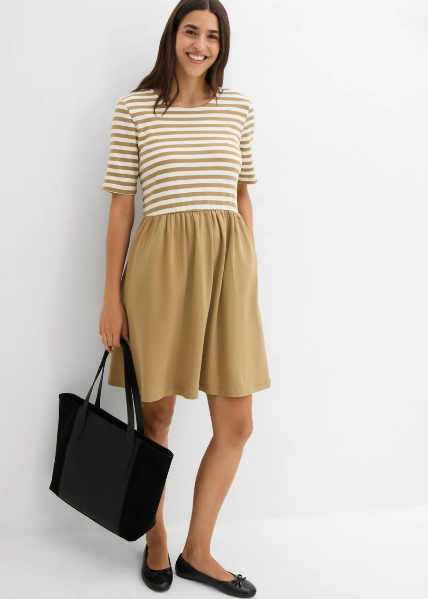 bonprix bonprix Vestido camisero de algodón puro oliva pálido-blanco lana con rayas Outlet