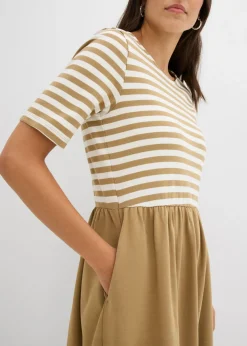 bonprix bonprix Vestido camisero de algodón puro oliva pálido-blanco lana con rayas Outlet