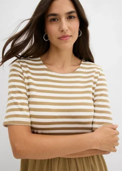 bonprix bonprix Vestido camisero de algodón puro oliva pálido-blanco lana con rayas Outlet