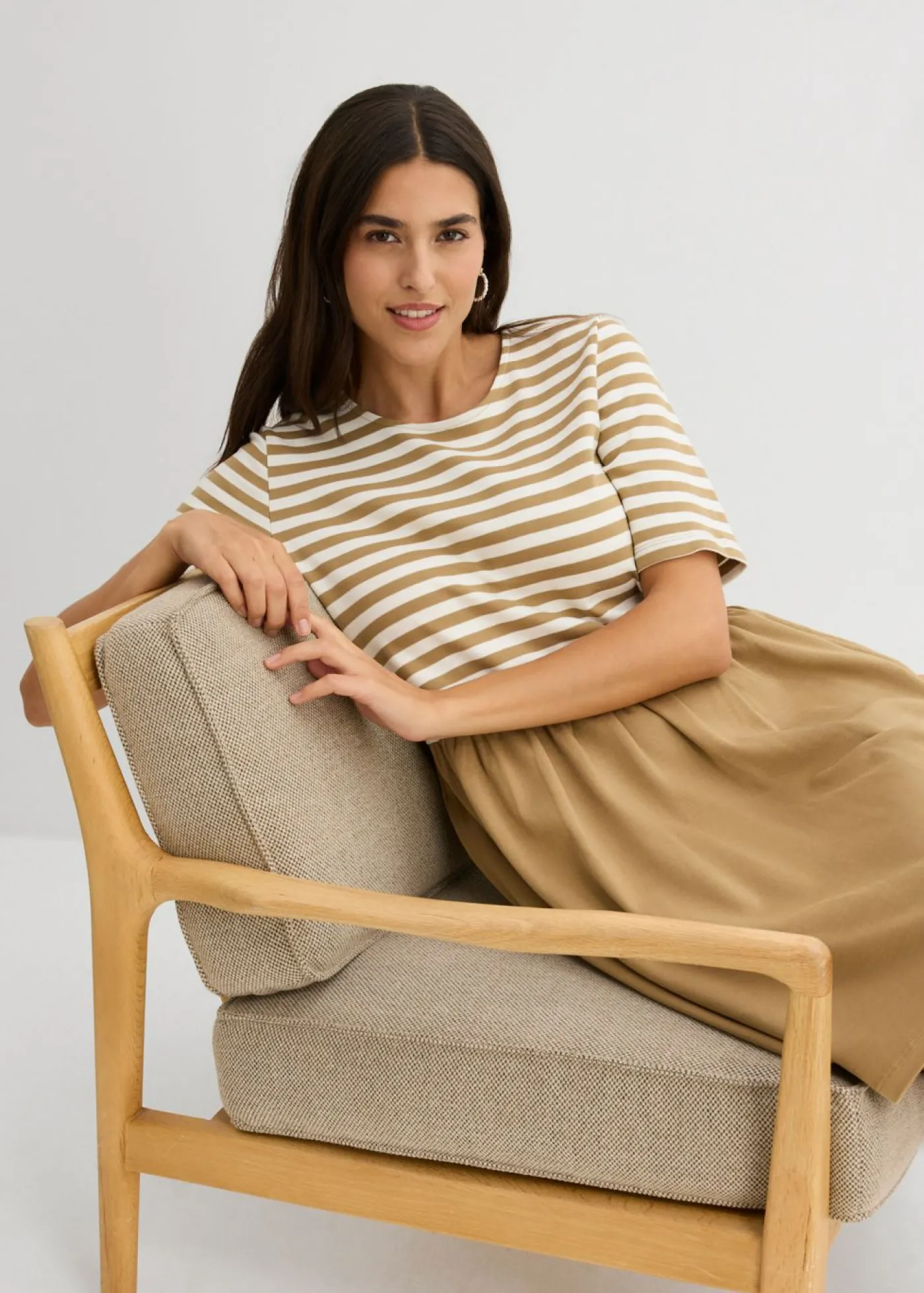 bonprix bonprix Vestido camisero de algodón puro oliva pálido-blanco lana con rayas Outlet