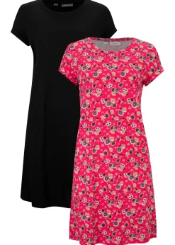 bonprix bonprix Vestido camisero de algodón puro con aberturas laterales (2 unidades) rosa hibisco + negro con flores