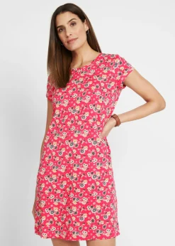 bonprix bonprix Vestido camisero de algodón puro con aberturas laterales (2 unidades) rosa hibisco + negro con flores