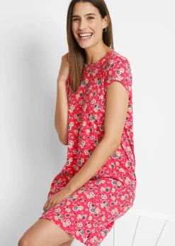 bonprix bonprix Vestido camisero de algodón puro con aberturas laterales (2 unidades) rosa hibisco + negro con flores