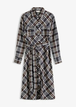 bonprix bonprix Vestido camisero de franela suave Marrón oscuro de cuadros Clearance