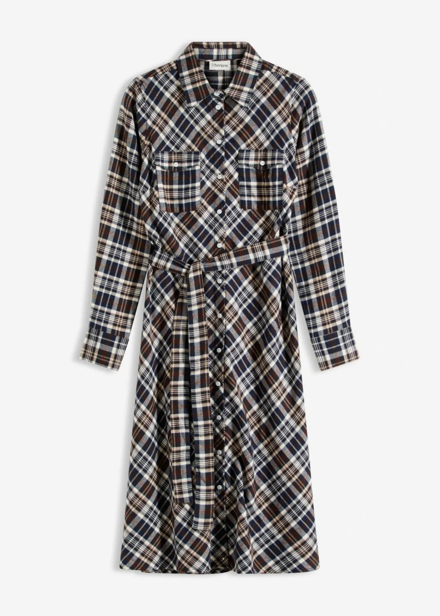 bonprix bonprix Vestido camisero de franela suave Marrón oscuro de cuadros Clearance