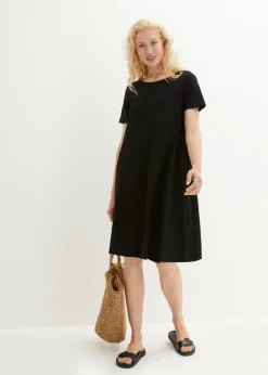 bonprix bonprix Vestido camisero de hilo flameado con bolsillos de algodón, hasta la rodilla Negro