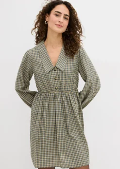 bonprix bonprix Vestido camisero de mezcla de algodón oliva-azul a cuadros Outlet