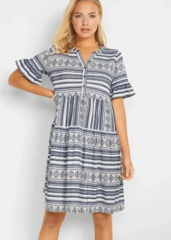 bonprix bonprix Vestido camisero de mezcla de viscosa fluida blanco-azul marino Clearance