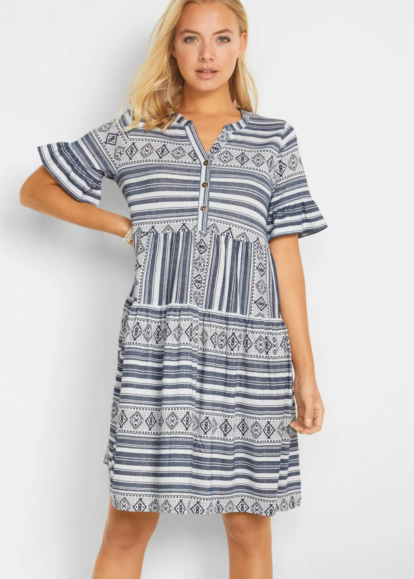 bonprix bonprix Vestido camisero de mezcla de viscosa fluida blanco-azul marino Clearance