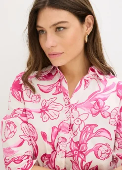 bonprix bonprix Vestido camisero de mezcla de algodón Blanco-rosa de flores Best