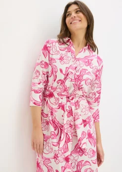 bonprix bonprix Vestido camisero de mezcla de algodón Blanco-rosa de flores Best