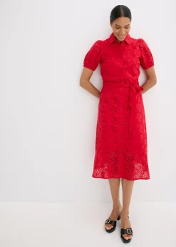 bonprix bonprix Vestido camisero de punto calado de algodón puro rojo intenso