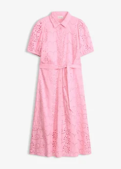 bonprix bonprix Vestido camisero de punto calado de algodón puro Rosa New