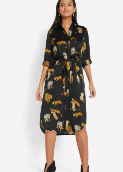 bonprix bonprix Vestido camisero de satén Estampado de leopardo en negro New