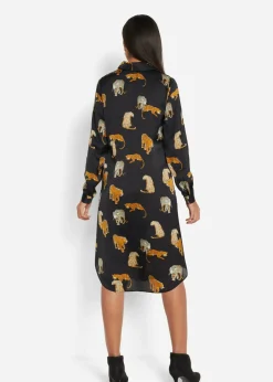 bonprix bonprix Vestido camisero de satén Estampado de leopardo en negro New