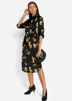 bonprix bonprix Vestido camisero de satén Estampado de leopardo en negro New