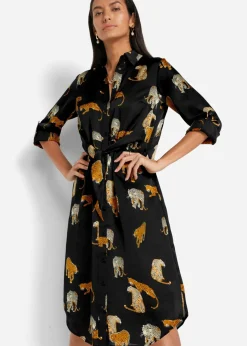 bonprix bonprix Vestido camisero de satén Estampado de leopardo en negro New