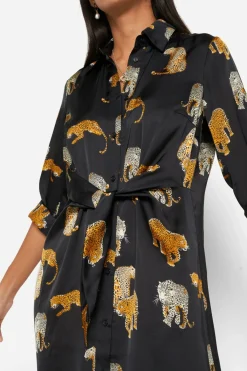 bonprix bonprix Vestido camisero de satén Estampado de leopardo en negro New