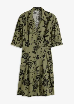 bonprix bonprix Vestido camisero de viscosa fluida verde oliva/negro con flores Hot