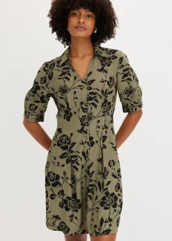 bonprix bonprix Vestido camisero de viscosa fluida verde oliva/negro con flores Hot