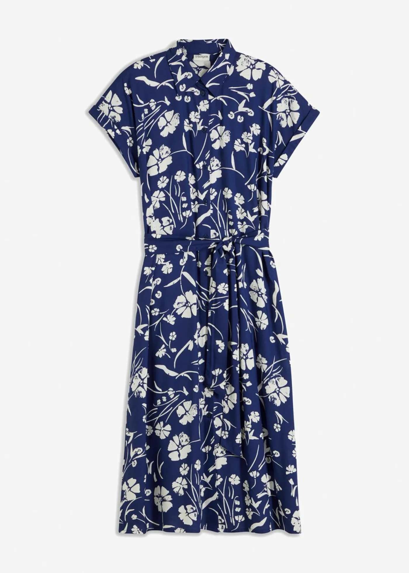 bonprix bonprix Vestido camisero de viscosa pura azul marino profundo/blanco Clearance