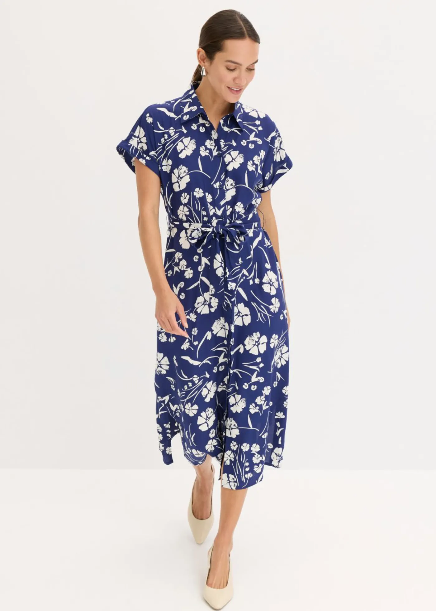 bonprix bonprix Vestido camisero de viscosa pura azul marino profundo/blanco Clearance
