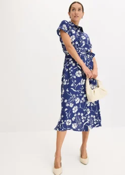 bonprix bonprix Vestido camisero de viscosa pura azul marino profundo/blanco Clearance