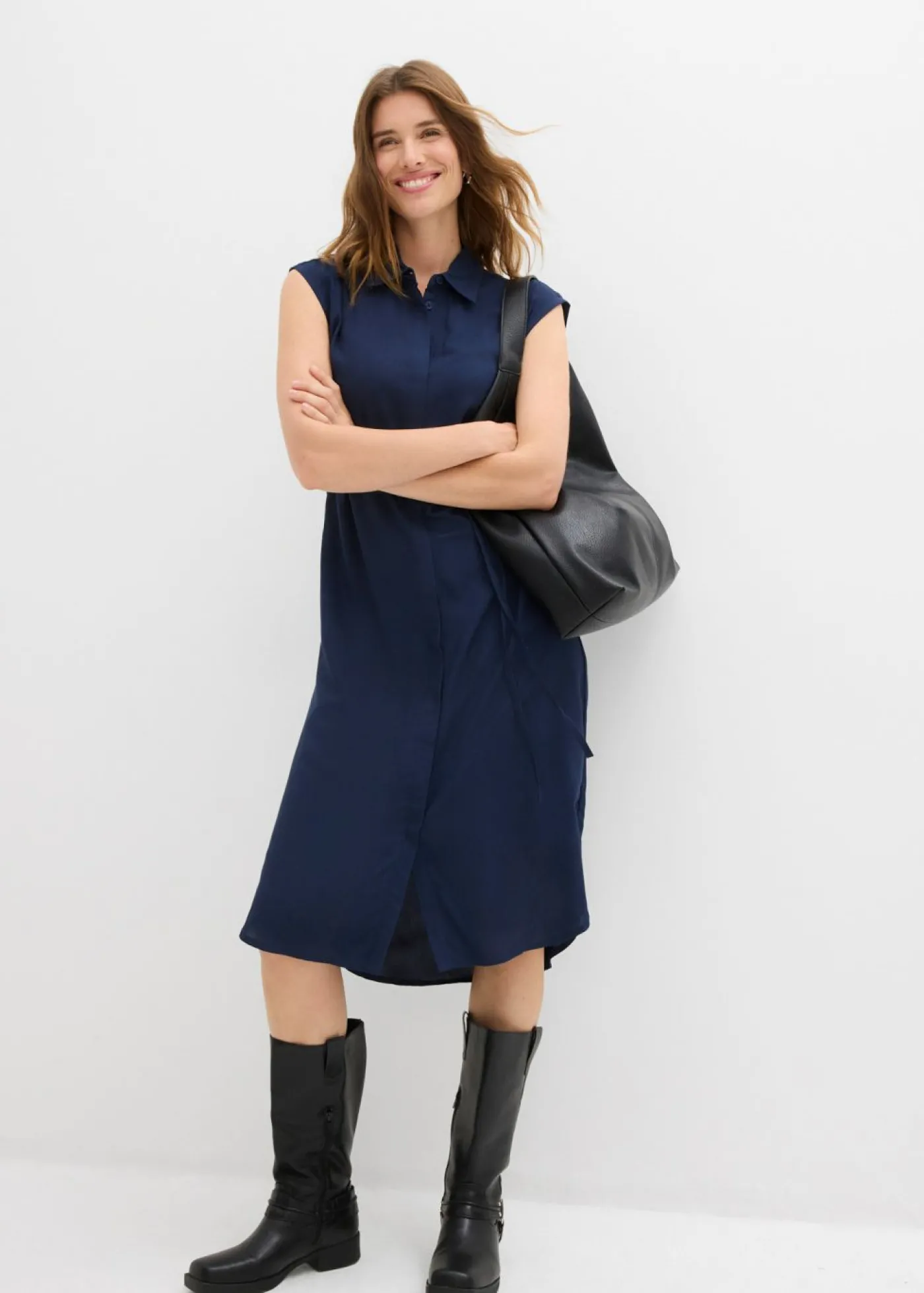 bonprix bonprix Vestido camisero de viscosa suave Azul marino Sale