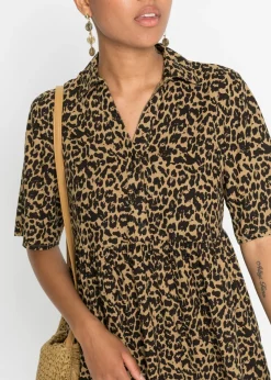 bonprix bonprix Vestido camisero de viscosa fluida Marrón con estampado de leopardo Hot