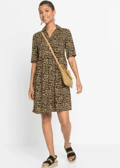 bonprix bonprix Vestido camisero de viscosa fluida Marrón con estampado de leopardo Hot