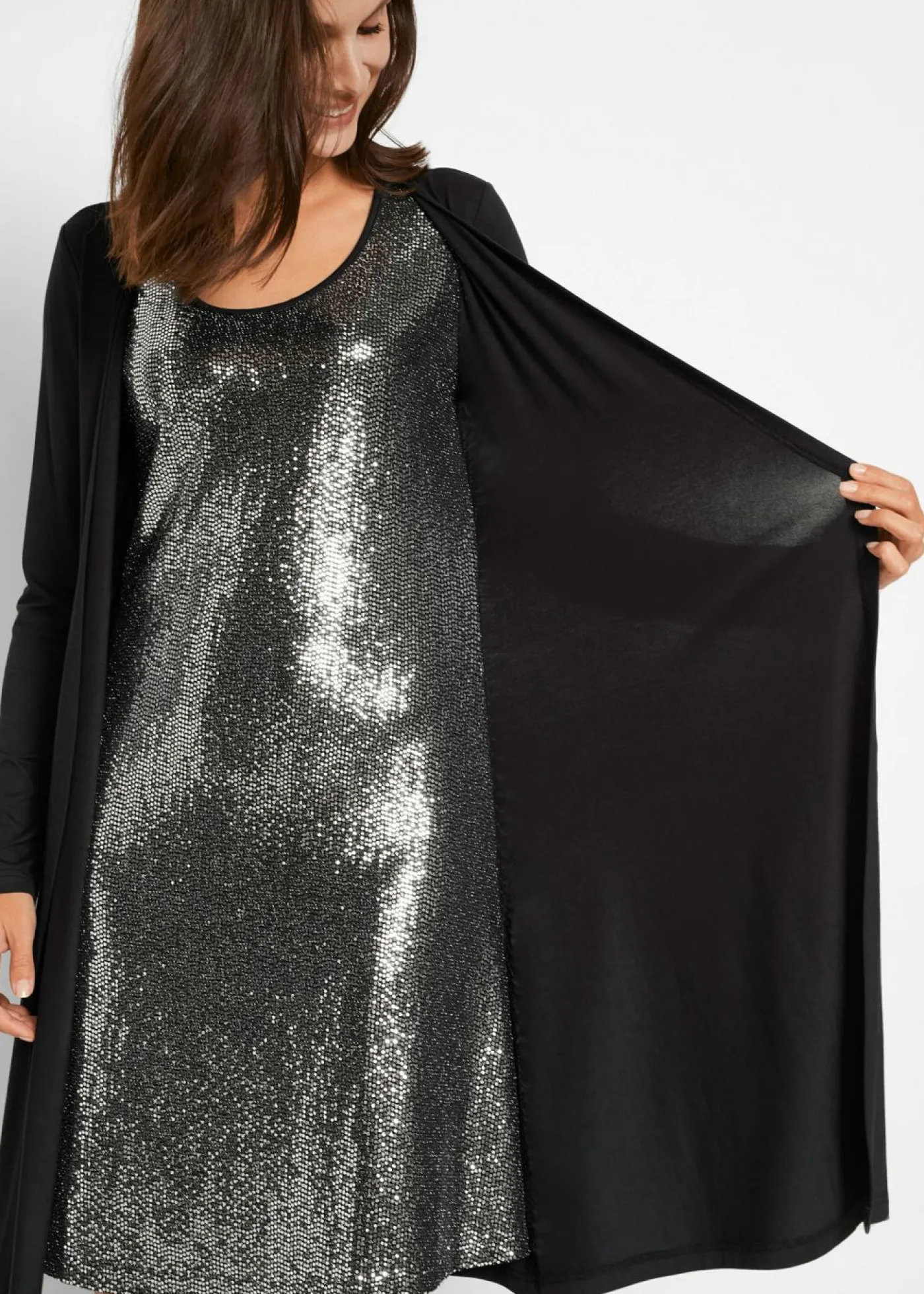 bonprix bonprix Vestido camisero de viscosa sostenible con aspecto doble Negro-plata Sale