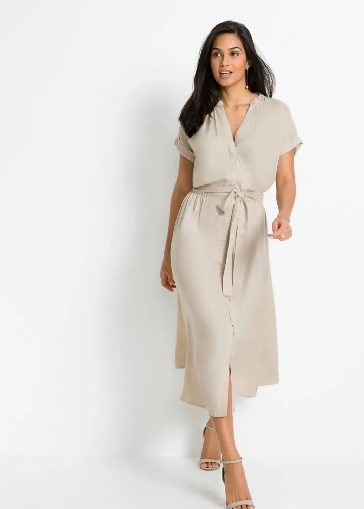 bonprix bonprix Vestido camisero de viscosa fluida Beige New