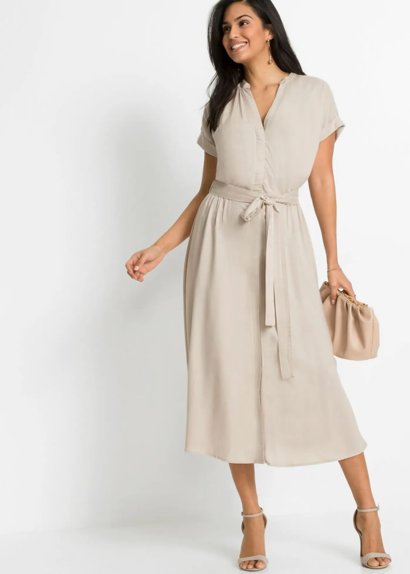 bonprix bonprix Vestido camisero de viscosa fluida Beige New
