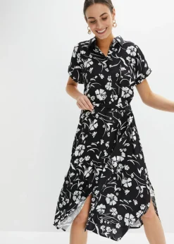 bonprix bonprix Vestido camisero de viscosa pura Negro-blanco New